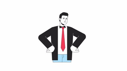 Poster - Frowning boss posing animation. Angry man with hands on hips isolated 2D cartoon flat colour line character 4K video footage on white background with alpha channel transparency for web design