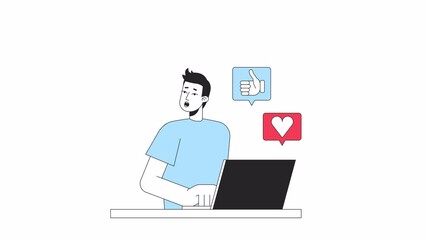 Fototapete - Social media overwhelm animation. Guy looking away from laptop isolated 2D cartoon flat colour line character 4K video footage on white background with alpha channel transparency for web design