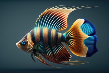 Wall Mural - vibrant blue and orange fish swimming in a dark black background. Generative AI