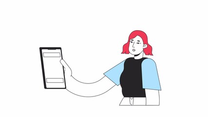 Poster - Shocked girl with phone animation. Looking with surprise at mobile isolated 2D cartoon flat colour line character 4K video footage on white background with alpha channel transparency for web design