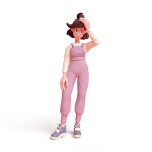 Cute Kawaii Positive Asian Colorful K-pop Girl In Fashion Casual Clothes Purple Overalls, T-shirt Touches Her Head With Hand, Stands With Confused Face Expression. 3d Render Isolated Transparent.