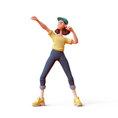 Wall Mural - Cute kawaii excited asian active k-pop girl in fashion clothes blue pants, yellow t-shirt, green cap in fighting pose hands in fist strong gesture sports training. 3d render isolated transparent.