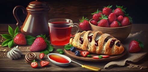 Poster - Croissants, jam, and strawberries for breakfast, served on a wooden table Generative AI