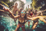 Fototapeta  - Group of young people enjoying at pool party, Generative ai