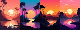 Fototapeta Zachód słońca - Set of bay landscape at sunset vector illustration