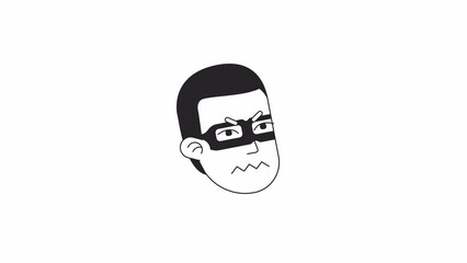 Poster - Annoyed lawbreaker bw icon animation. Irritated man. Animated monochromatic flat character head on white background with alpha channel transparency. Cartoon avatar 4K video footage for web design