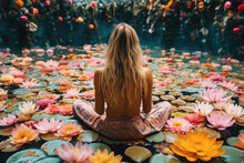 Young  Woman Sitting In A Peaceful Garden Surrounded By Blooming Flowers And Connecting With The Energy Of Nature. Generative AI.