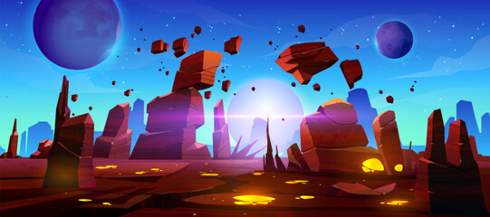 Poster - cartoon alien planet surface with stones and cracks. vector illustration of dangerous space game pla