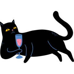 Black Cat With Glass Of Sparkling Wine