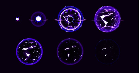 Poster - Magic electric lightning ball animation sprite for game vector design. Purple thunder energy attack fx set for video explosion. Special frame element for powerful weapon explode or wizard spell.