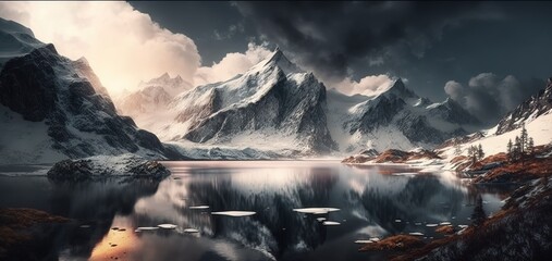 The snow-capped mountains against the dramatic cloud background are breathtaking. Generative AI