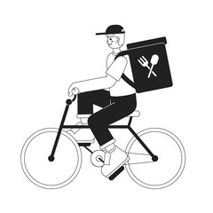 Poster - Guy delivering prepared meals on bicycle monochromatic flat vector character. Editable thin line full body person. Simple bw cartoon spot image for web graphic design, animation. Hand drawn drawing