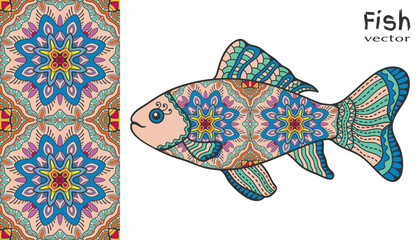 Hand drawn stylized sea fish and colorful doodle seamless pattern. Cartoon animal collection. Isolated elements for textile fabric, paper print, invitation or greeting card design. Ocean life.
