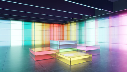 Colored gradient transparent glass wall and glass material cube pedestal template