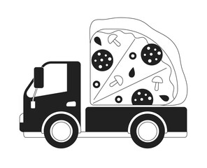 Poster - Delivery vehicle with pizza monochrome concept vector spot illustration. Editable 2D flat bw cartoon object for web UI design. Fast food service creative linear hero image for landings, mobile headers