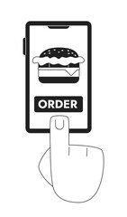 Poster - Burger order mobile app monochrome concept vector spot illustration. Editable 2D flat bw cartoon first view hand for web UI design. Fast food creative linear hero image for landings, mobile headers