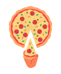 Poster - Taking slice of pizza semi flat colour vector first view hand. Eating handmade cheese pepperoni. Editable cartoon style icon on white. Simple spot illustration for web graphic design and animation