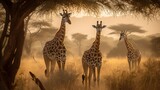 Fototapeta  - Pair of giraffes standing in the savannah. Generative AI