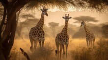 Pair Of Giraffes Standing In The Savannah. Generative AI