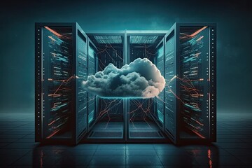Poster - server room with a cloud icon in the center. generative ai