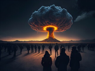 People watching a nuclear explosion in the distance on the horizon. Nuclear war. A fantastic apocalyptic landscape.