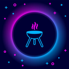 Poster - Glowing neon line Barbecue grill icon isolated on black background. BBQ grill party. Colorful outline concept. Vector