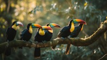Group Of Toucans Perched On A Branch In The Jungle. Generative AI