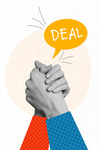 Vertical Collage Image Of Two Black White Effect People Arms Handshake Deal Bubble Isolated On Creative Background
