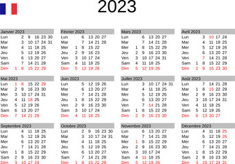 Wall Mural - calendar of year 2023 in French language with France public holidays