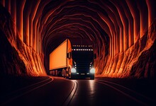 A Semi Truck Driving Through A Tunnel With A Light On It's Head And Lights On The Side Of The Road Behind It,. Generative Ai