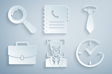 Sticker - Set Face recognition, Tie, Briefcase, Clock with arrow, Phone book and Magnifying glass icon. Vector