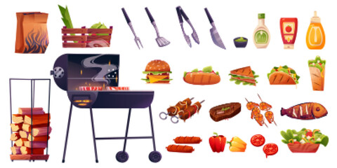 Cartoon bbq grill set for picnic with meat and fish isolated on white background. Cooking beef and vegetable isolated icon illustration. Summer meal on brazier. Burger and hotdog grilled collection.