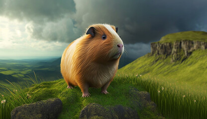 realistic 3d illustration of a guinea pig standing in a green meadow on the edge of a hill,generative ai