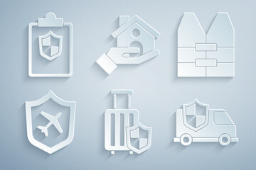 Sticker - Set Travel suitcase with shield, Life jacket, Plane, Car, House insurance and Document icon. Vector