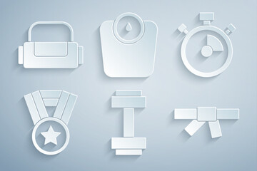 Sticker - Set Dumbbell, Stopwatch, Medal, Black karate belt, Bathroom scales and Sport bag icon. Vector