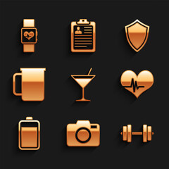 Sticker - Set Martini glass, Photo camera, Dumbbell, Heart rate, Battery and Coffee cup icon. Vector