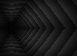Poster - Abstract unusual horizontal illustration of curved volumetric gradient black and gray lines or shapes that overlap each other in the form of a triangular cave. Design seamless monochrome illusion
