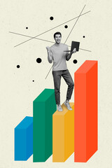 Aufkleber - Vertical painted collage of young data analytics google worker fist up celebrate his company progress budget isolated on grey background
