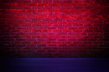 Poster - Room with brick wall and wooden floor in neon lights