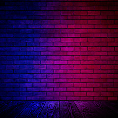 Room with brick wall and wooden floor in neon lights