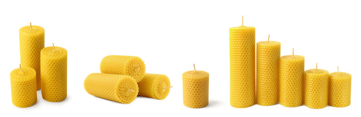 Wall Mural - Set of different beeswax candles on white background