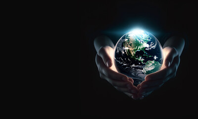 Hands holding earth.Earth in your hands, Saving Earth concept, Hands holding Earth with a black background. Human hands holding global copy space