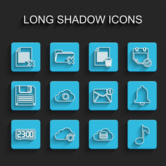 Poster - Set line Digital alarm clock, Cloud sync refresh, Delete file document, database, Music note, tone, Ringing bell and New, email incoming message icon. Vector