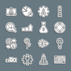 Canvas Print - Set line Browser window, Head with lamp bulb, Business lifebuoy, Startup project concept, Financial growth, Create account screen, and Money bag icon. Vector