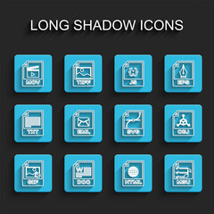 Set line GIF file document, DOC, MOV, HTML, M3U, EML, OBJ and SVG icon. Vector