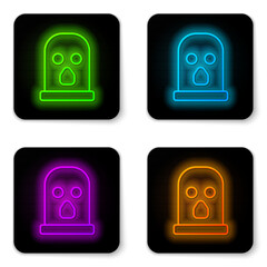 Canvas Print - Glowing neon line Balaclava icon isolated on white background. A piece of clothing for winter sports or a mask for a criminal or a thief. Black square button. Vector