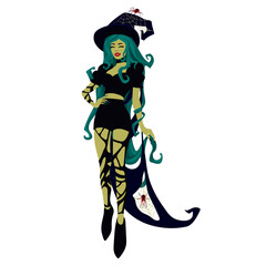 Wall Mural - A beautiful young witch of green color with a cloak with spiders and cobwebs and mud. Halloween costume concept. Modern vector illustration, hand-drawn. Templates of posters, stickers for the holiday