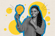 © deagreez - Creative collage of young smiling business owner woman hold lamp direct finger her startup invention idea isolated on drawn background