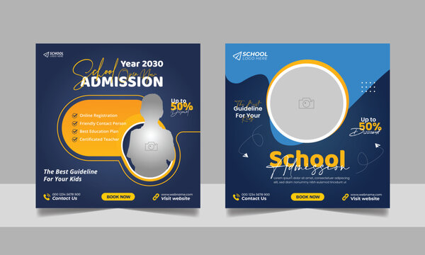 School admission social media post banner, educational social media post square flyer back to school web banner design template set.