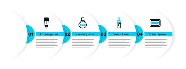 Poster - Set line Bar of soap with foam, Beard and mustaches care oil bottle, and Electrical hair clipper or shaver icon. Vector